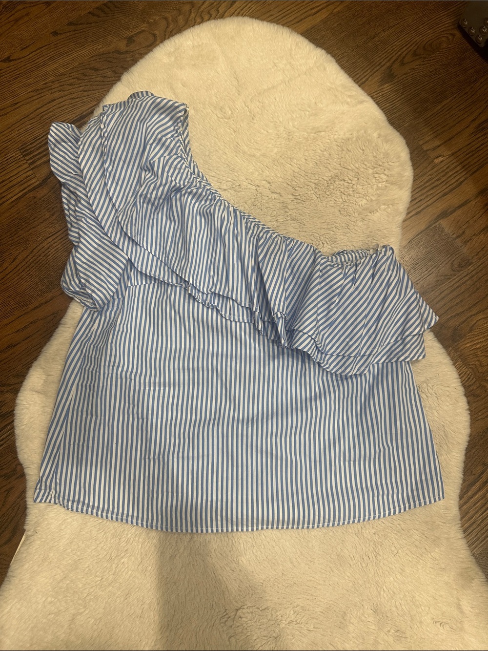 She + Sky Blue and White Striped One-Shoulder Ruffle Top